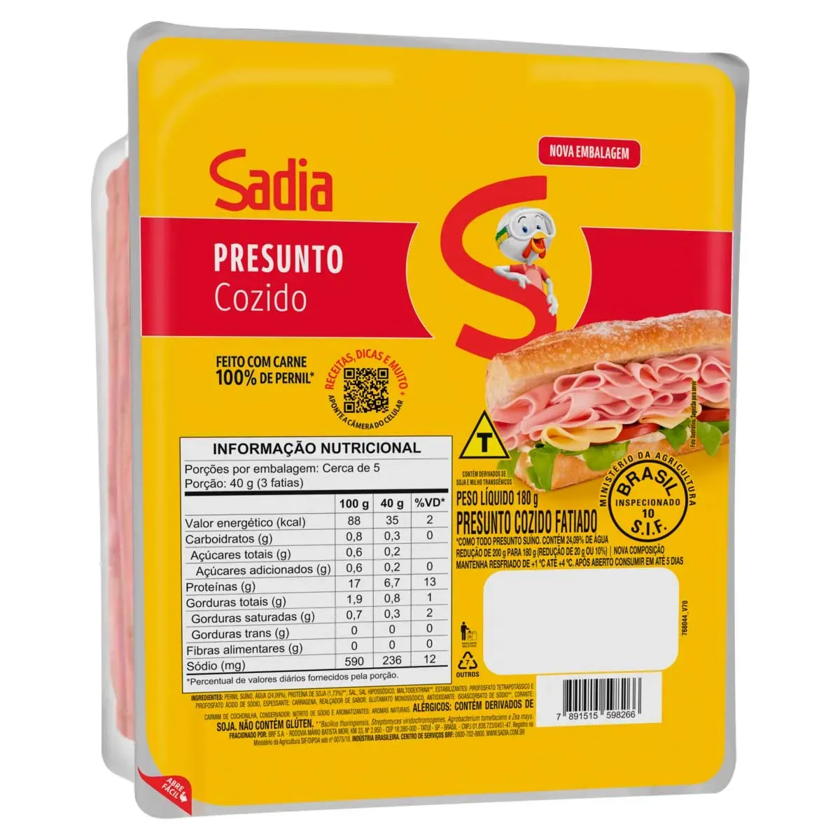 Presunto Cozido Fatiado Sadia 180G