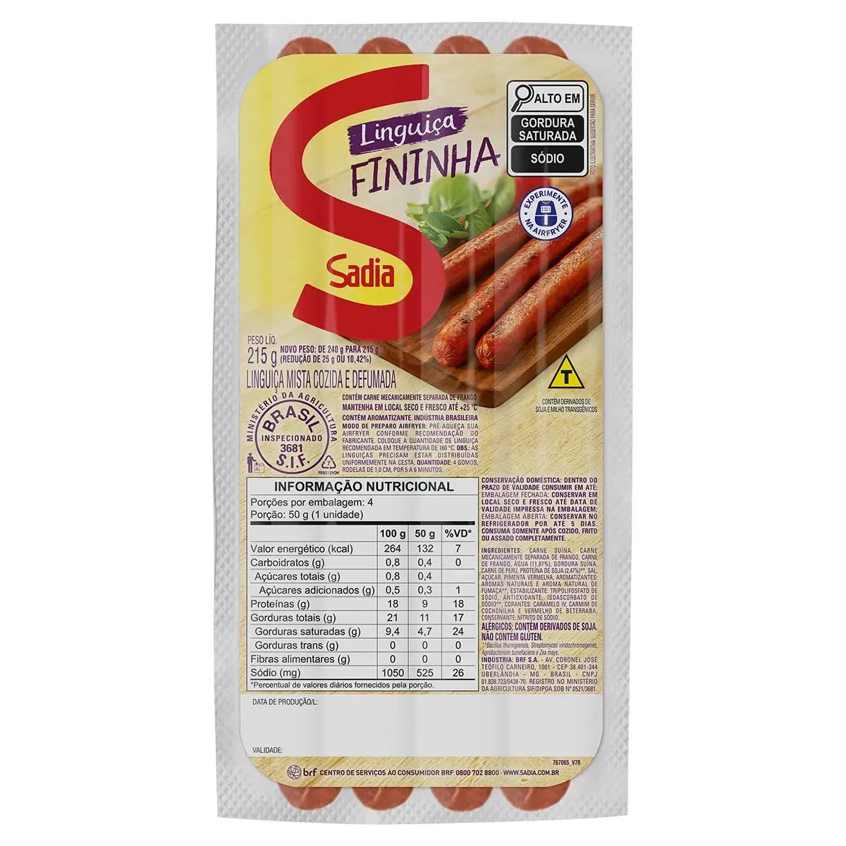Linguiça Mista Cozida e Fininha Sadia 215G