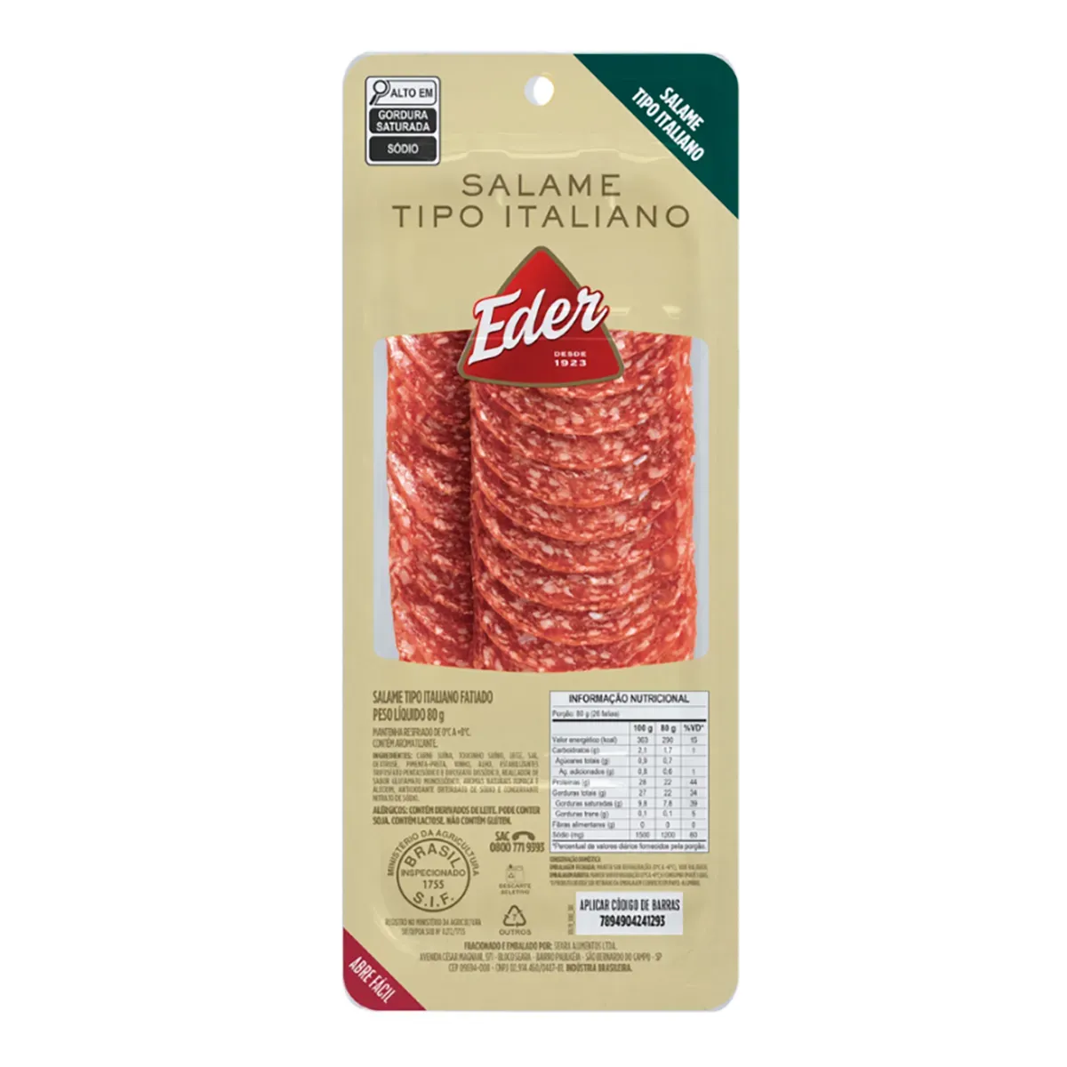 Salame Tipo Italiano Fatiado Eder 80G