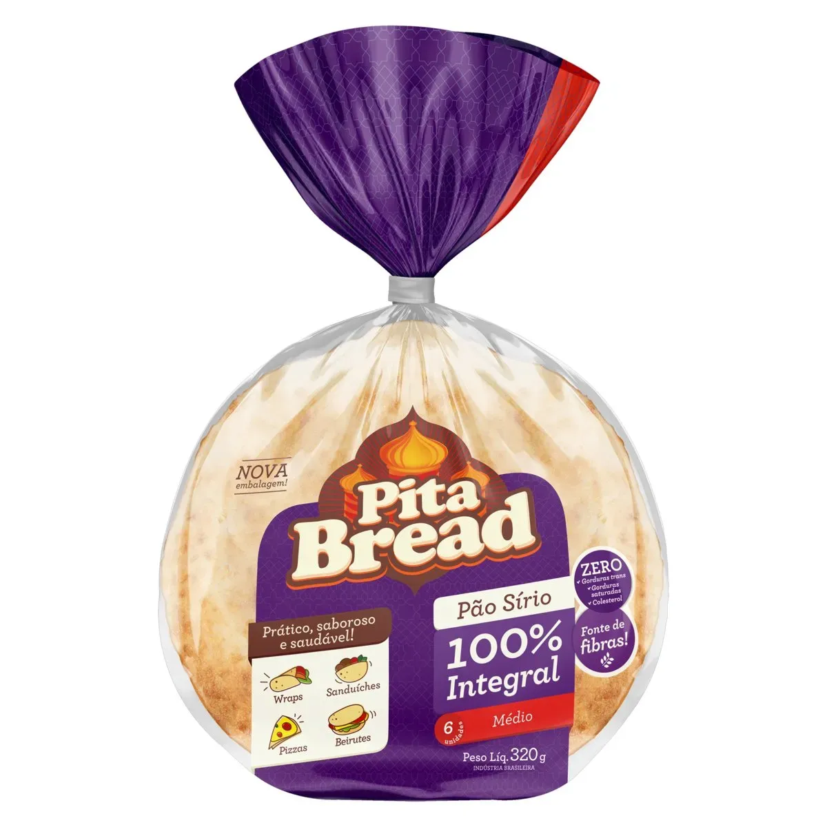 Pão Sírio Integral Médio Pita Bread 320G 6UN