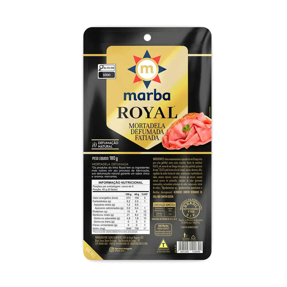 Mortadela Defumada Fatiada Royal Marba 180G