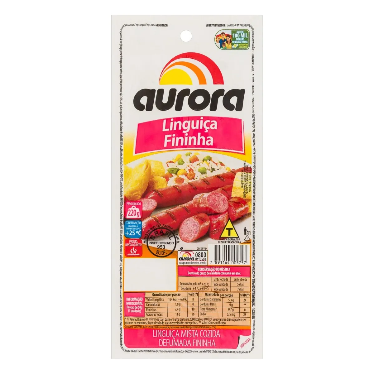 Linguiça Mista Cozida e Fininha Aurora 220G